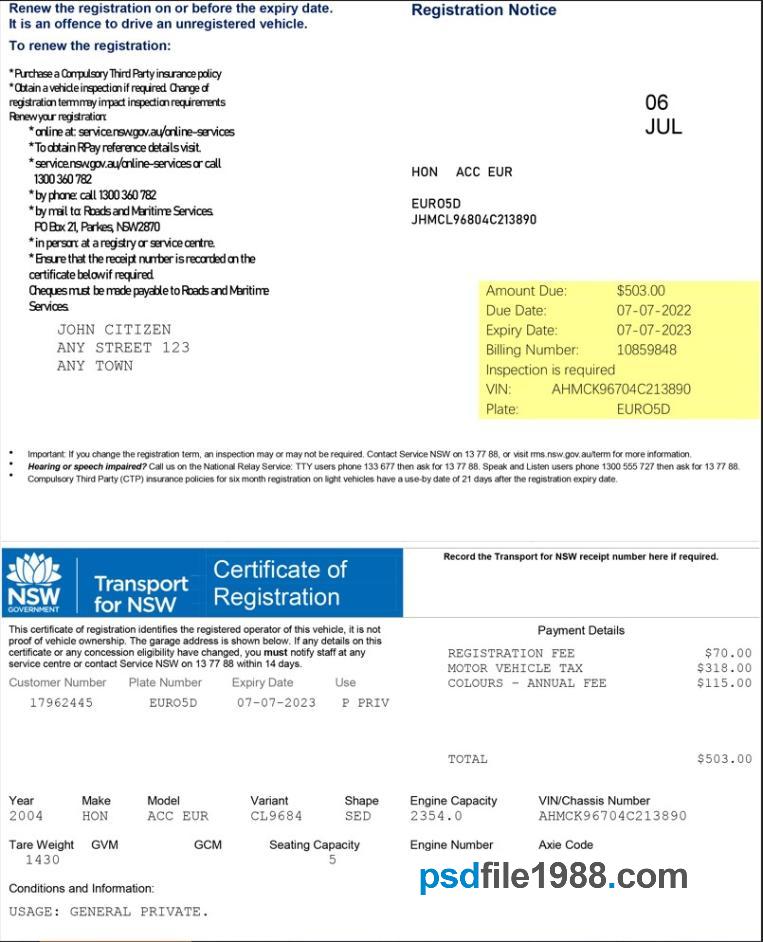Australia Transport for NSW Registration Certificate